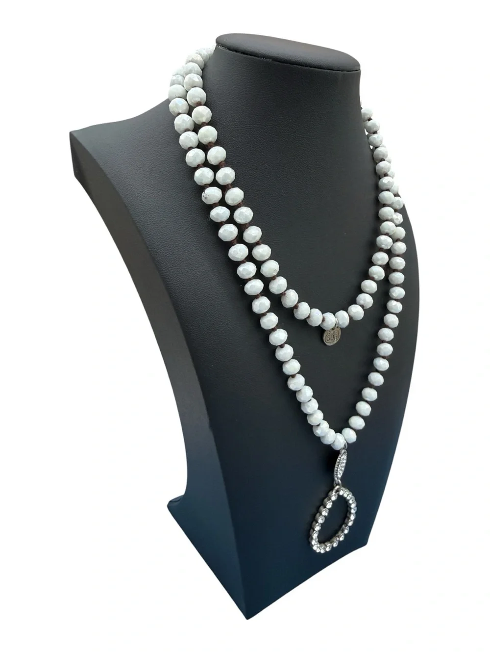 White Faceted Glass Beaded Long Necklace with Rhinestone Teardrop Pendant